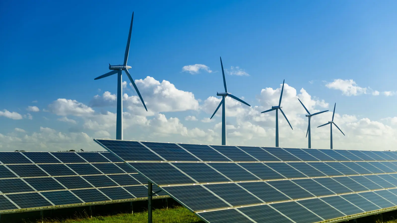 Solceller og vindmøller i baggrunden